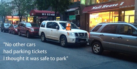 Line of cars with a parking ticket on only one car-social proof claims another victim