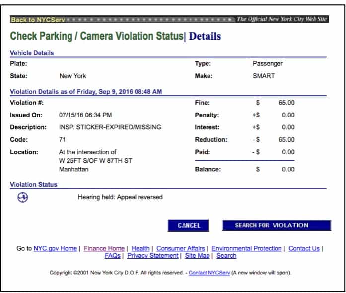 NYC parking ticket appeal reversed original judge
