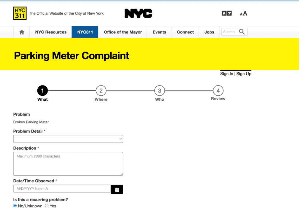 NYC parking meter complaint form